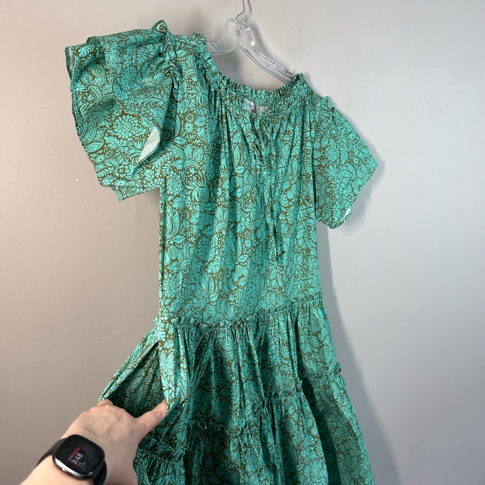 Sundance Liora Summer A-line Popover Tiered Ruffle Green Cotton Dress Size M - Picture 12 of 13
